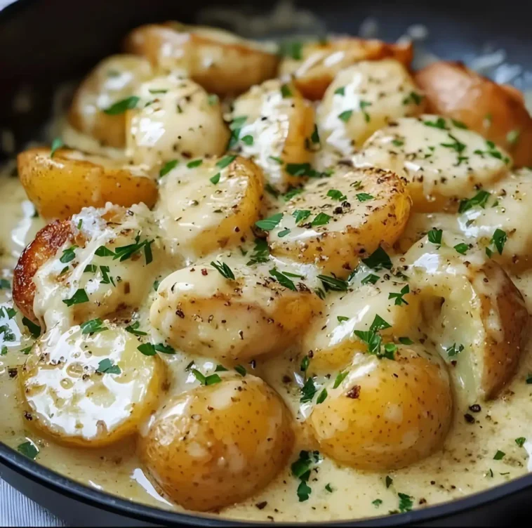 Kartoffeln in cremiger Knoblauchsoße 8 Kartoffeln serviert mit cremiger Knoblauchsoße auf einem Teller