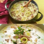 Käse-Lauch-Suppe mit Hackfleisch und knusprigen Baguette 3 Käse-Lauch-Suppe mit Hackfleisch und knusprigem Baguette serviert in einer Schüssel