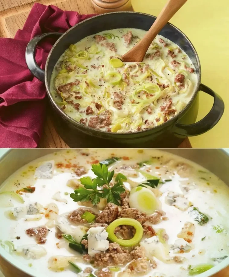 Käse-Lauch-Suppe mit Hackfleisch und knusprigen Baguette 1 Käse-Lauch-Suppe mit Hackfleisch und knusprigem Baguette serviert in einer Schüssel