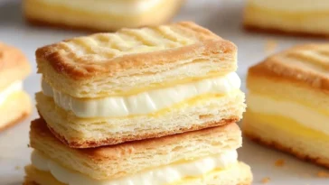 Kekskuchen mit Vanillecreme auf einem hübschen Teller angerichtet
