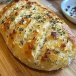 Knoblauchbrot ohne Kneten - Einfach und lecker 3 Knoblauchbrot ohne Kneten auf einem Holzbrett serviert