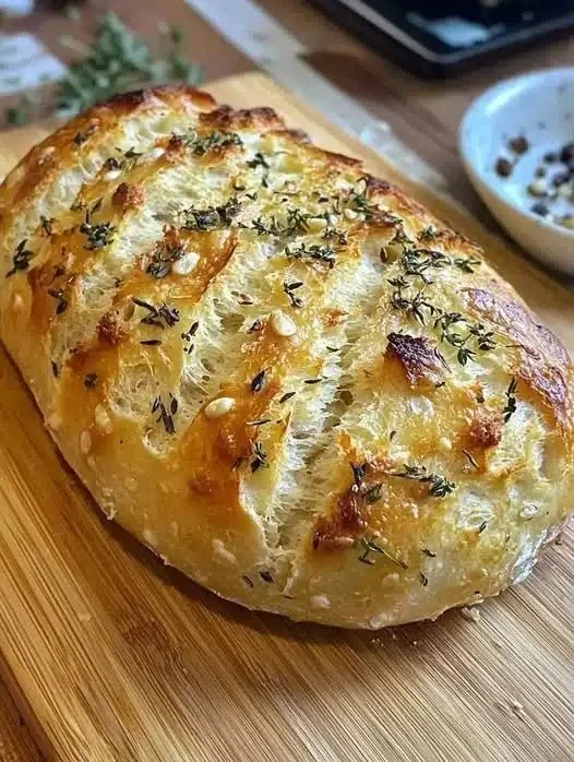 Knoblauchbrot ohne Kneten - Einfach und lecker 2 Knoblauchbrot ohne Kneten auf einem Holzbrett serviert