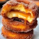 Knusprige Churro-Käsekuchen-Donut-Kekse 3 Knusprige Churro-Käsekuchen-Donut-Kekse auf einem Teller, verziert mit Zimt