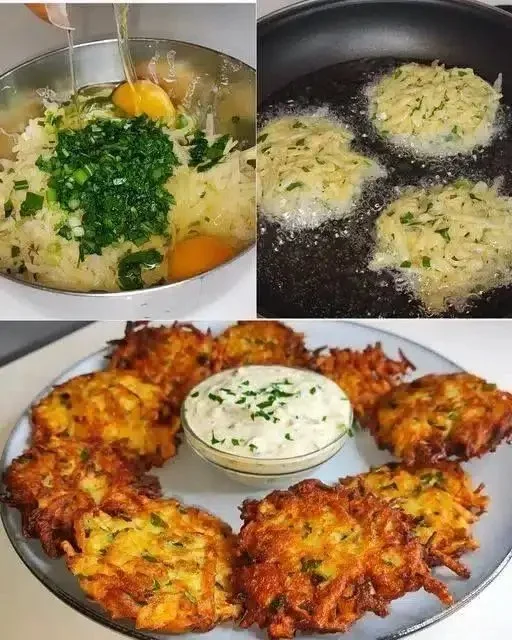 Knusprige Kartoffelpuffer 2 Knusprige Kartoffelpuffer auf einem Teller, goldbraun und lecker