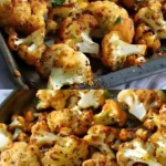 Knuspriger Blumenkohl mit Reibekäse 4 Knuspriger Blumenkohl mit geschmolzenem Reibekäse auf einem Teller serviert