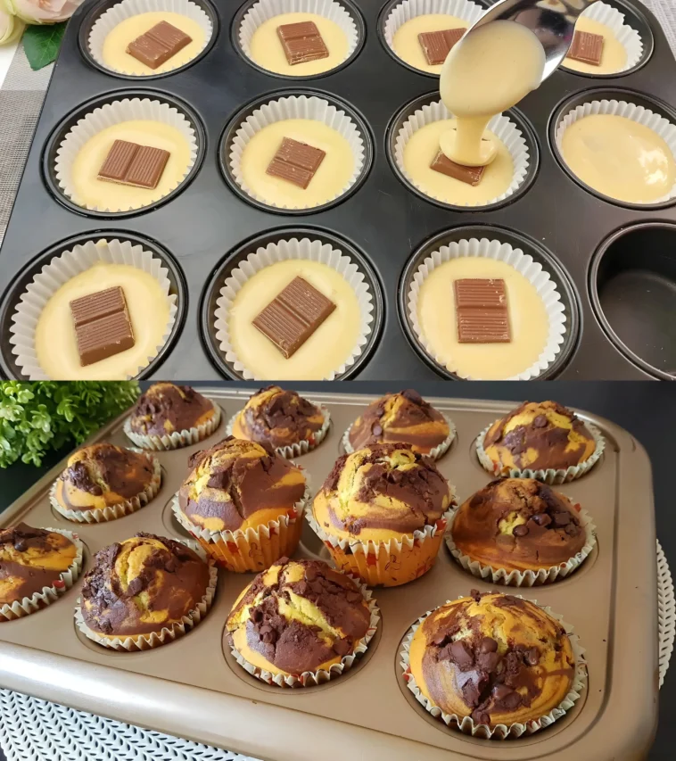 Leckere Schokoladenmuffins in nur 5 Minuten bereit für den Ofen 15 Frisch gebackene Schokoladenmuffins aus dem Ofen, in nur 5 Minuten zubereitet.
