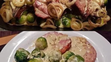 Kasseler Rosenkohl-Auflauf serviert auf einem Tisch, durchgehend deftig und appetitlich.