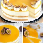 Maracuja Käse Sahne Torte mit cremigem Maracuja-Guss 4 Maracuja Käse Torte mit cremigem Maracuja-Guss auf einem Teller serviert