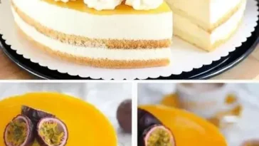 Maracuja Käse Torte mit cremigem Maracuja-Guss auf einem Teller serviert