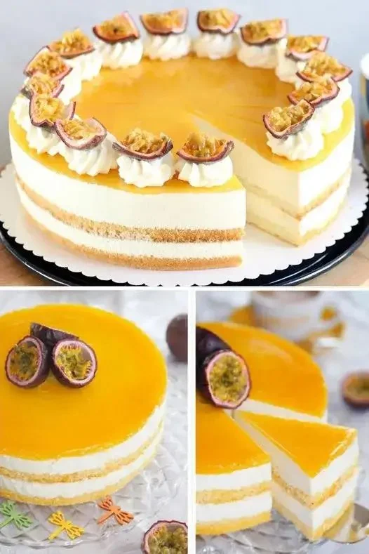Maracuja Käse Sahne Torte mit cremigem Maracuja-Guss 3 Maracuja Käse Torte mit cremigem Maracuja-Guss auf einem Teller serviert