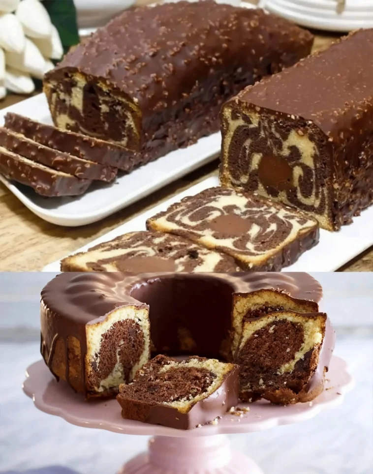 Marmor-Schokoladenkuchen 4 Marmor-Schokoladenkuchen auf einem Tisch, bereit zum Servieren