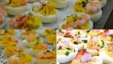 Mimosa-Eier mit Garnelen elegant präsentiert auf einem Teller
