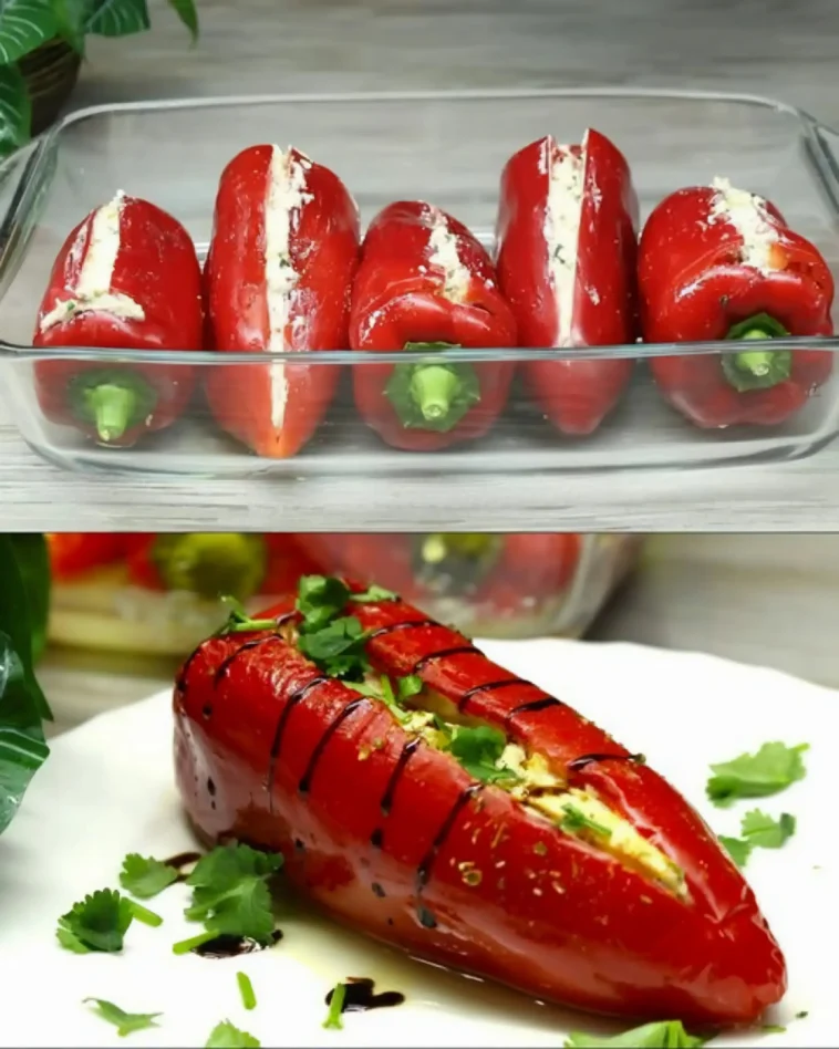 Mit Käse gefüllte Paprika mit cremiger Füllung 6 Mit Käse gefüllte Paprika mit cremiger Füllung auf einem Teller