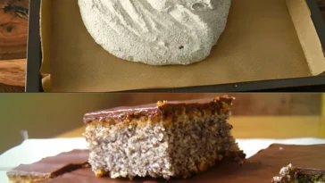 Mohnkuchen mit Joghurt in einem Backblech, serviert mit frischen Früchten.
