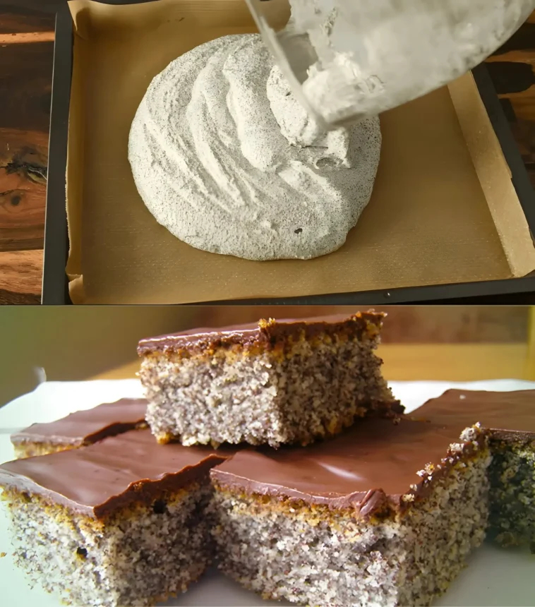 Mohnkuchen mit Joghurt für die ganze Familie 10 Mohnkuchen mit Joghurt in einem Backblech, serviert mit frischen Früchten.