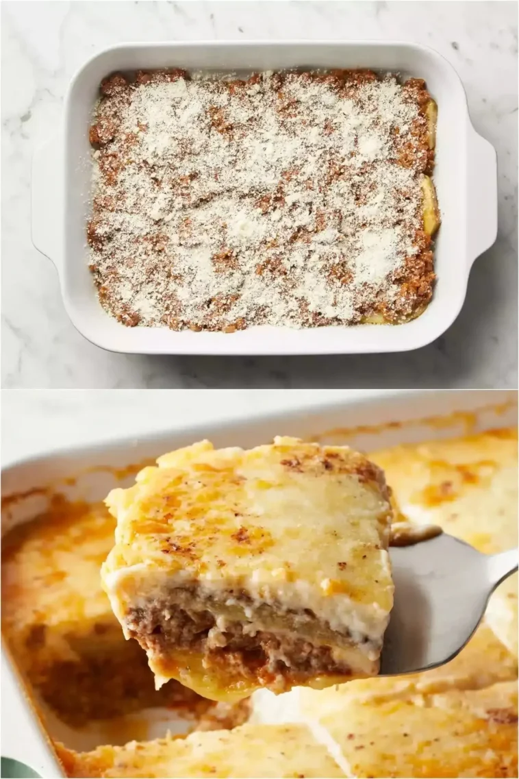 Moussaka 1 Traditionelle griechische Moussaka mit Auberginen und Hackfleisch gebacken