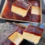 Nasser Milchkuchen mit Karamellsoße 4 Nasser Milchkuchen mit Karamellsoße auf einem Teller serviert