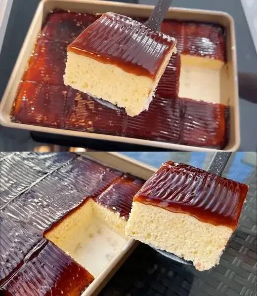 Nasser Milchkuchen mit Karamellsoße 1 Nasser Milchkuchen mit Karamellsoße auf einem Teller serviert