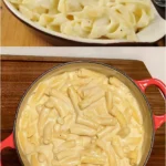 Nudeln in cremiger Knoblauch-Käse-Sauce 4 Nudeln in cremiger Knoblauch-Käse-Sauce auf einem Teller serviert