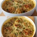 Ofenfrikadellen mit saftigen Champignons in Rahmsoße 3 Ofenfrikadellen mit Champignons in Rahmsoße auf einem Teller