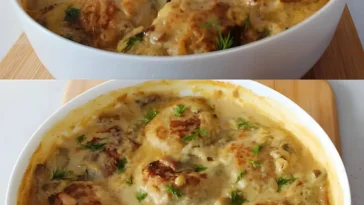 Ofenfrikadellen mit Champignons in Rahmsoße auf einem Teller