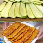 Panierte Zucchini-Scheiben mit Parmesan für jeden Tag 4 Panierte Zucchini-Scheiben mit Parmesan auf einem Teller angerichtet