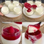 Panna Cotta Dessert mit Himbeeren 3 Panna Cotta Dessert mit frischen Himbeeren serviert auf einem Teller