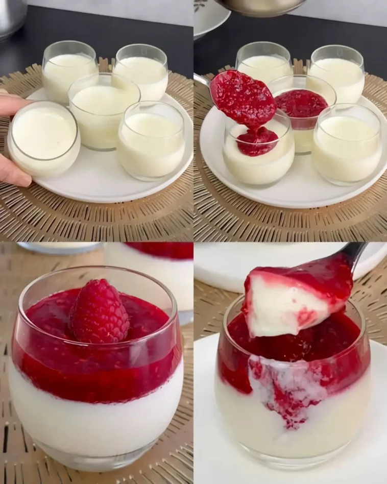 Panna Cotta Dessert mit Himbeeren 2 Panna Cotta Dessert mit frischen Himbeeren serviert auf einem Teller