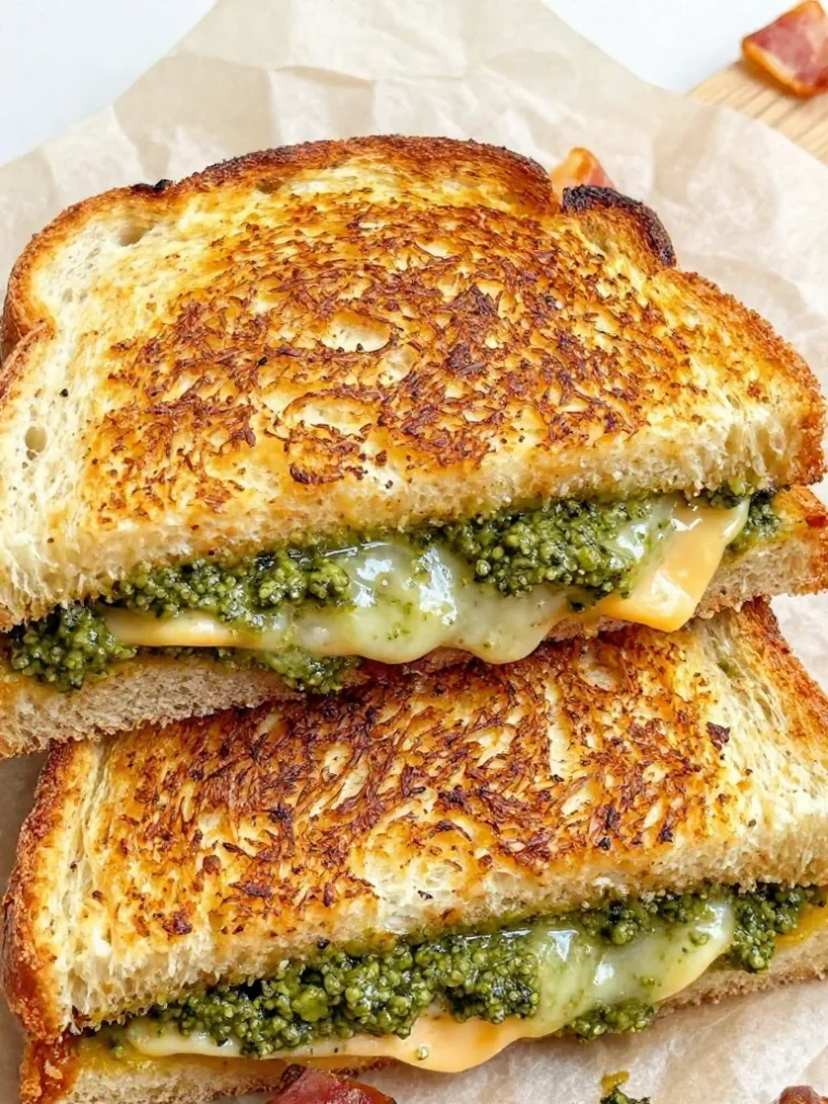 Pesto-Toastie 2 Leckeres Pesto-Toastie mit frischem Basilikum und Käse auf knusprigem Brot.