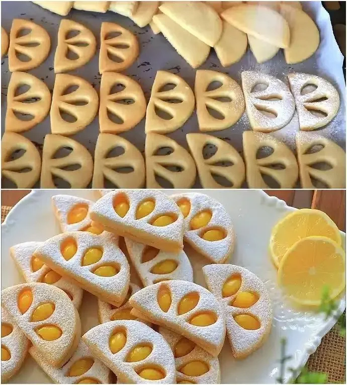 Pfirsichmarmeladenkekse mit fruchtigem Puderzuckergeschmack 11 Pfirsichmarmeladenkekse mit fruchtigem Puderzuckergeschmack auf einem Teller