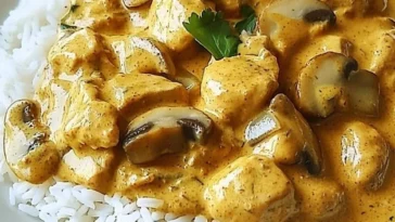 Philadelphia Geschnetzeltes mit Champignons auf einem Teller serviert.