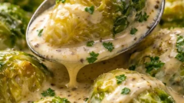 Rosenkohl in Frischkäse-Senfsauce serviert auf einem Teller