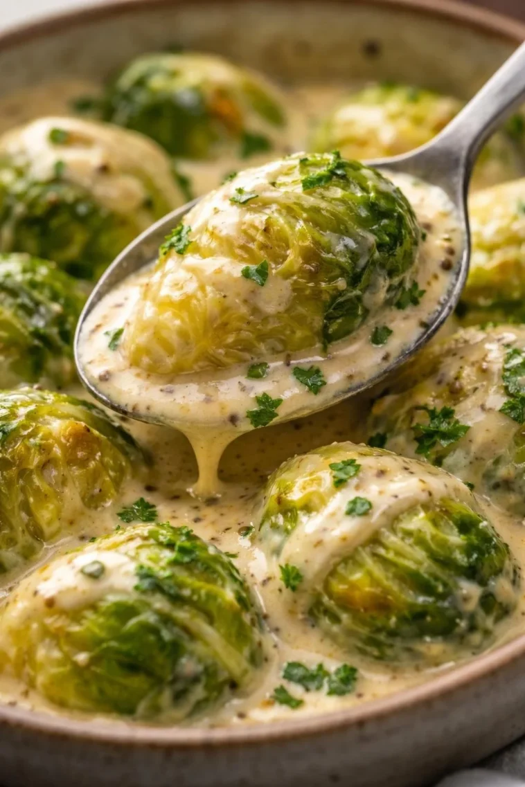Rosenkohl in Frischkäse-Senfsauce 10 Rosenkohl in Frischkäse-Senfsauce serviert auf einem Teller