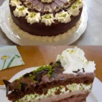 Sahnetorte mit Schokolade, Nougat und Pistazien 4 Sahnetorte mit Schokolade, Nougat und Pistazien auf einem eleganten Teller