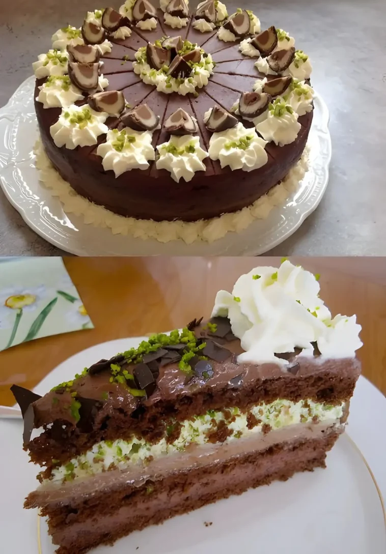 Sahnetorte mit Schokolade, Nougat und Pistazien 6 Sahnetorte mit Schokolade, Nougat und Pistazien auf einem eleganten Teller
