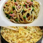 Spaghetti in cremiger Käse-Sahnesoße 4 Spaghetti in einer cremigen Käse-Sahnesoße serviert auf einem Teller.