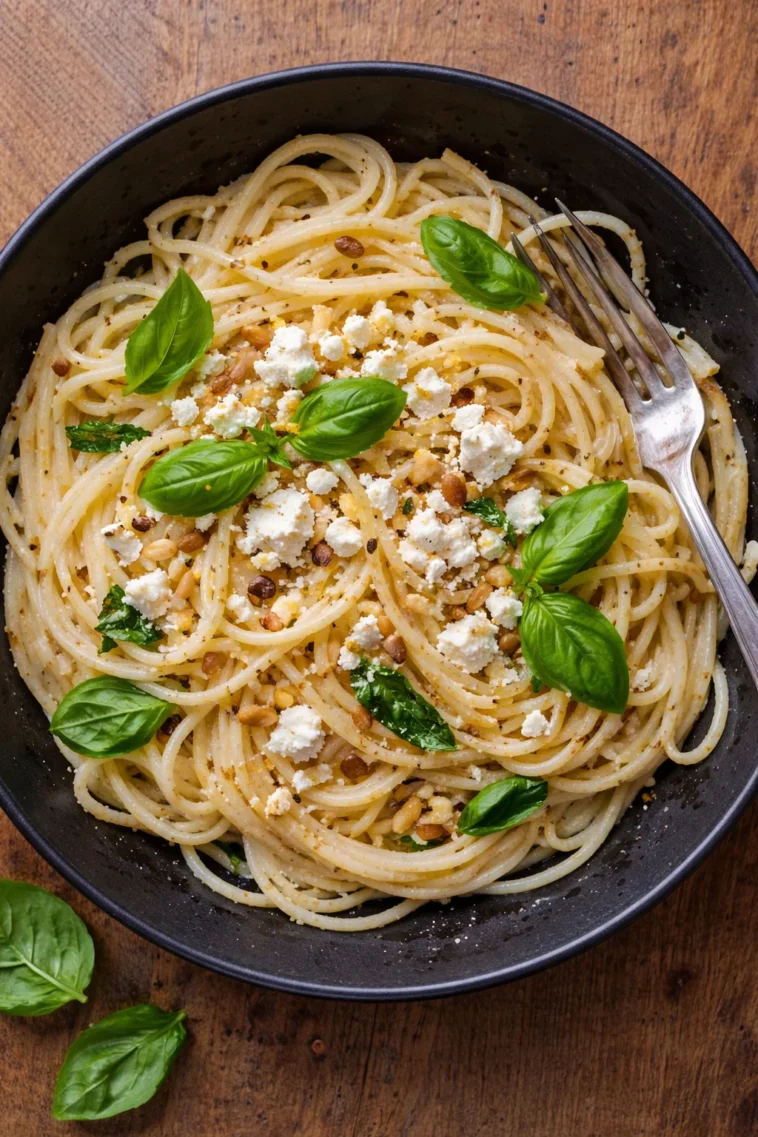 Spaghetti with Feta and Lemon 8 Spaghetti mit Feta und frischer Zitrone auf einem Teller