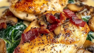 Spinathähnchen in Pilz-Knoblauch-Sauce auf einem Teller serviert