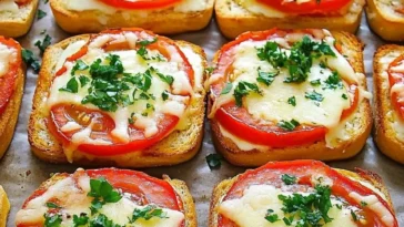 Leckeres Tomaten-Mozzarella-Toast auf einem Teller serviert