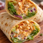 Würzige Buffalo-Hühnchen-Wraps für Zwei 2 Würzige Buffalo-Hühnchen-Wraps auf einem Teller serviert
