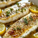 Zitronen-Knoblauch-Butter gebackener Tilapia 4 Zitronen-Knoblauch-Butter gebackener Tilapia auf einem Teller serviert.