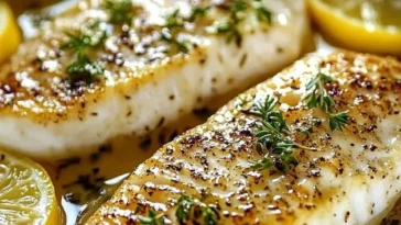 Zitronen-Knoblauch-Butter gebackener Tilapia auf einem Teller serviert.