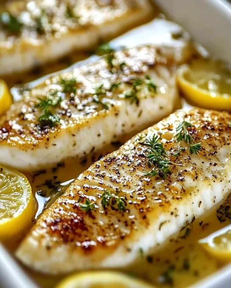 Zitronen-Knoblauch-Butter gebackener Tilapia 3 Zitronen-Knoblauch-Butter gebackener Tilapia auf einem Teller serviert.
