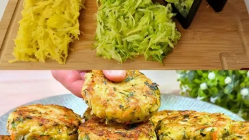 Zucchini Kartoffel Puffer auf einem Teller mit frischen Kräutern garniert