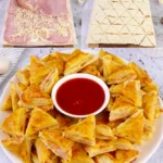 Blätterteig-Dreiecke mit Käse und Schinken 3 Blätterteig-Dreiecke gefüllt mit Käse und Schinken auf einem Teller