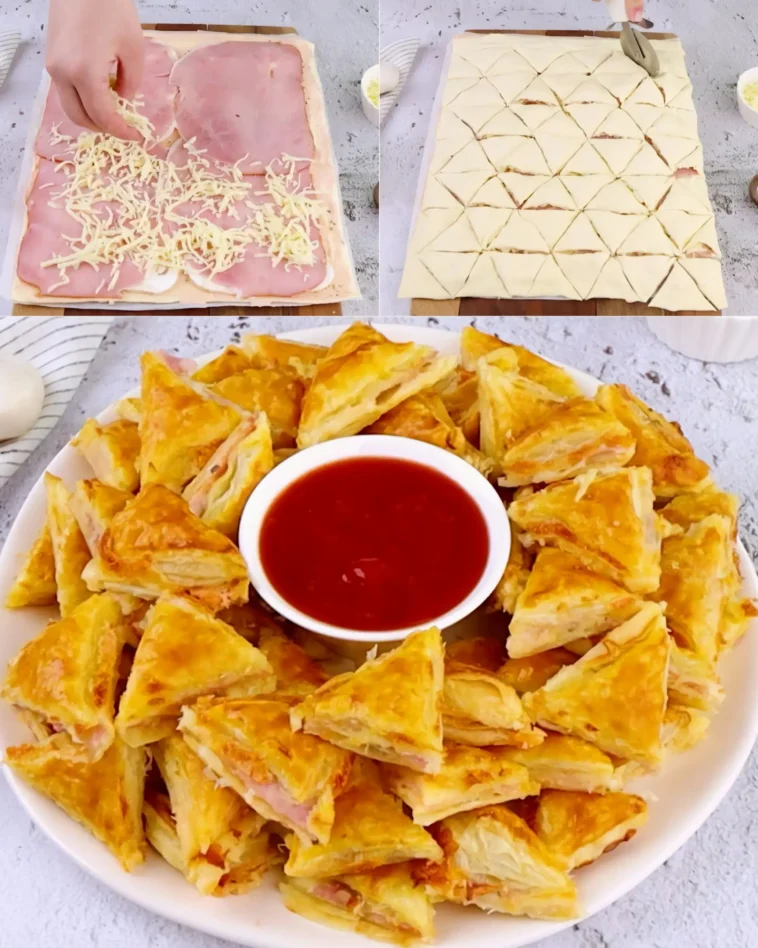 Blätterteig-Dreiecke mit Käse und Schinken 4 Blätterteig-Dreiecke gefüllt mit Käse und Schinken auf einem Teller