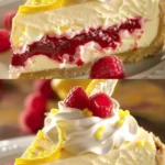 Käsekuchen mit Himbeeren 4 Käsekuchen mit Himbeeren auf einem Teller