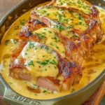 Kasseler mit Wirsing in Senf-Sahnesauce 3 Kasseler Wirsing mit Senf-Sahnesauce auf einem Teller serviert