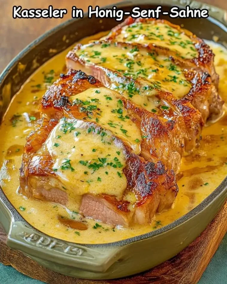 Kasseler mit Wirsing in Senf-Sahnesauce 5 Kasseler Wirsing mit Senf-Sahnesauce auf einem Teller serviert