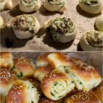 Köstliche Bärlauch-Schnecken mit Käse 4 Köstliche Bärlauch-Schnecken mit Käse auf einem Teller, garniert mit frischen Kräutern.